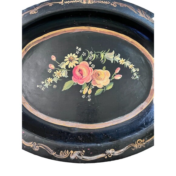 Vintage Large Floral Hand Painted Oval Tole Tray Black Tin Cottage Country Metal - Picture 2 of 7